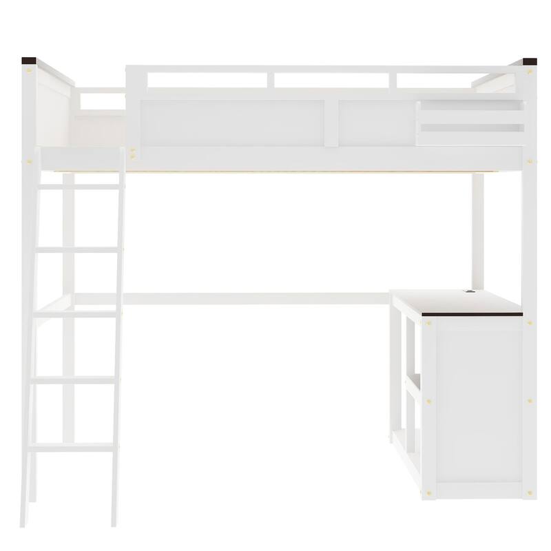 Queen Loft Bed with Desk, Storage Box, USB Charging and Shelves