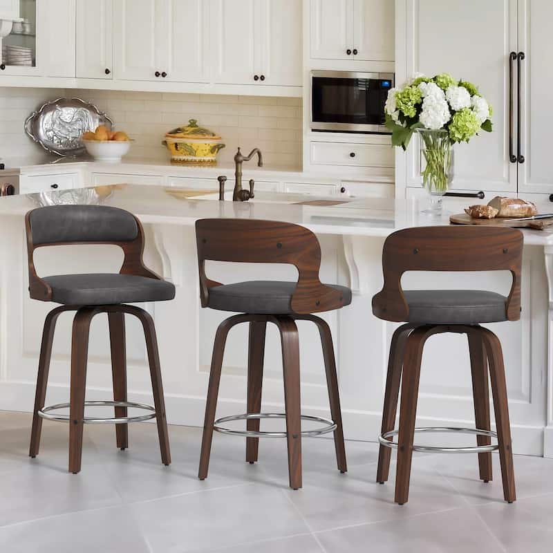 26.in Modern Set of 3 Leather Bar Stool Swivel Upholstered Hollow Back Counter Height Barstool with Wood Frame - Grey
