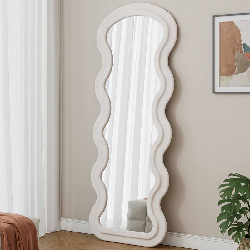 Full Length Wave Floor Mirror with Stand for Living Room Hanging or Against The Wall - White