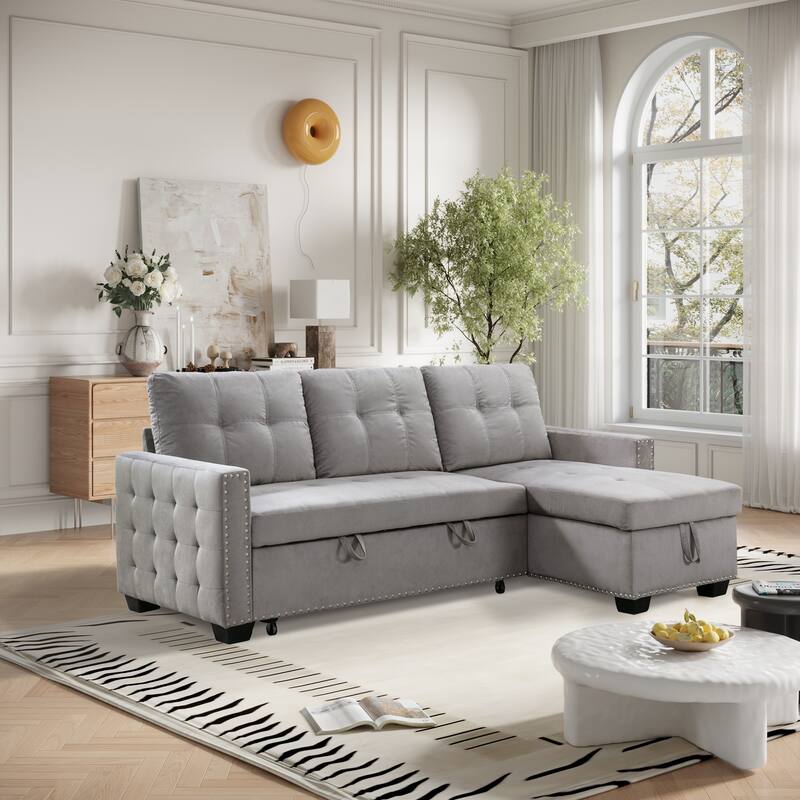 76.8" Velvet L-Shaped Sectional Sofa Bed with Storage Chaise