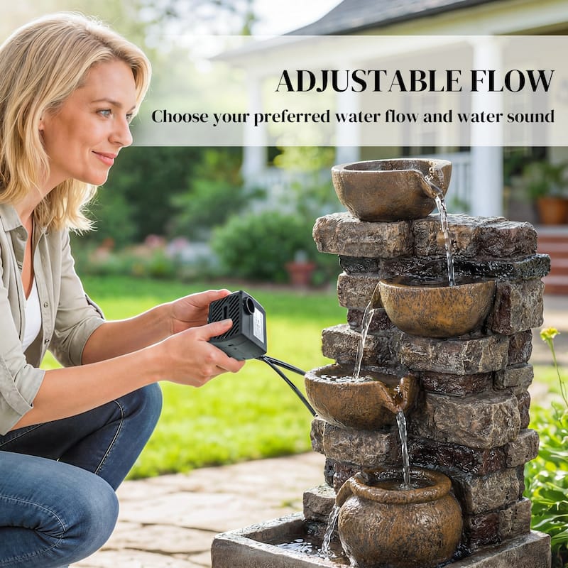 Outsunny 28" Outdoor Fountain with 5-Tier Rustic Jugs and Rock, Cascading Waterfall with LED Lights, Adjustable Flow