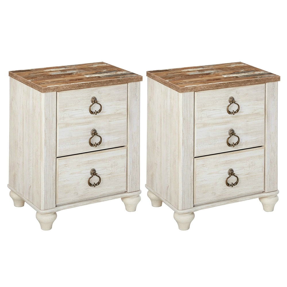 Ashley  Furniture B267-92 Two-Tone Finish Willowton Nightstand with Side Roller Glides (2 Pack) (White - 2-drawer)