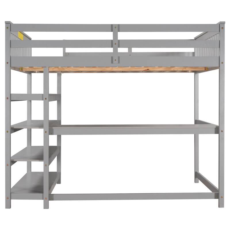 Full Size Loft Bed with Storage Shelves and Under-bed Desk in Gray