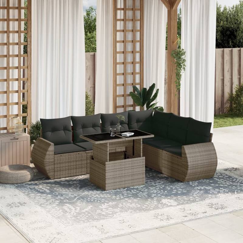 vidaXL Patio Sofa Set with Cushions Outdoor Furniture 7 Piece Poly Rattan - 21.7 x 39.4 x 28.7 - Grey-without storage