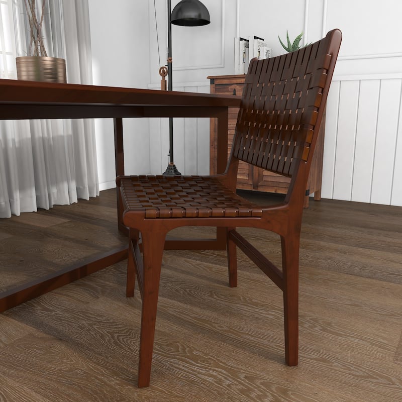 Brown, Black, White Leather Handmade Woven Kitchen Dining Chair with Teak Wood Frame