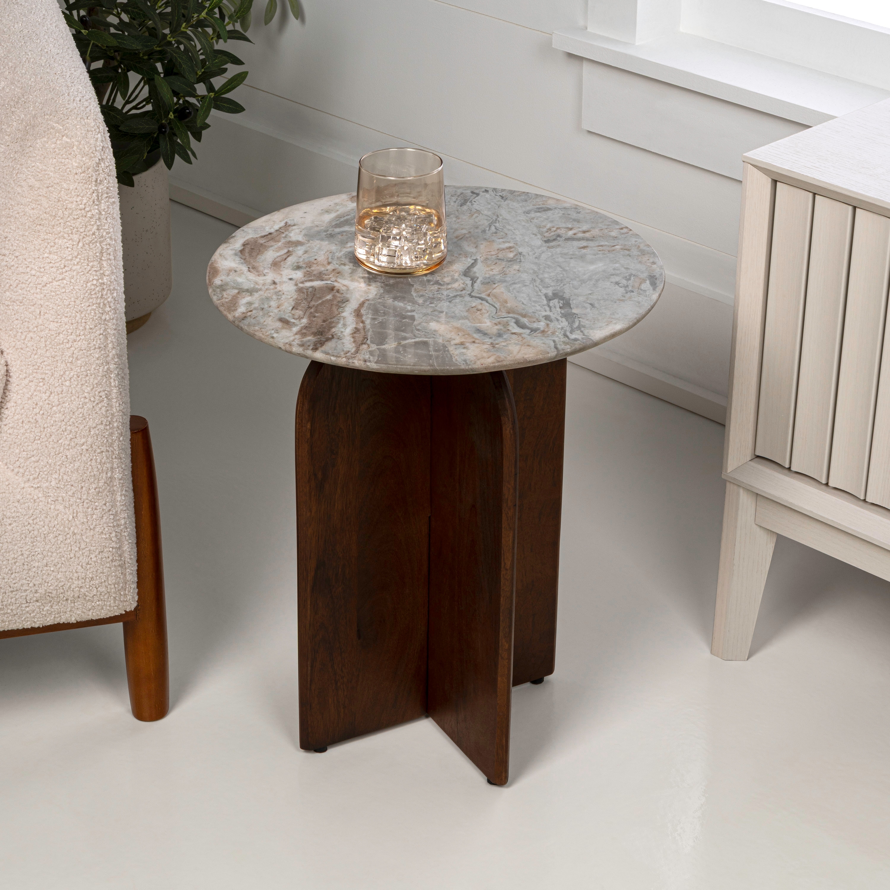 Naomi Mid-Century Round End Table, Marble Top Cross Base, Accent Side Table for Living Spaces - 15.75L x 15.75W x 18H