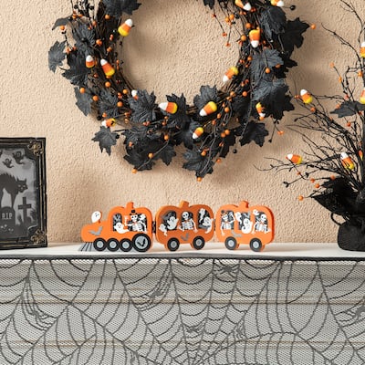 Glitzhome 16"L Halloween Skeletons and Ghosts Hinged Pumpkin Train Table Decor - Orange