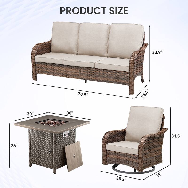 Pocassy Patio Funiture Sofa Swivel Chair Ottoman with Fire Table Set