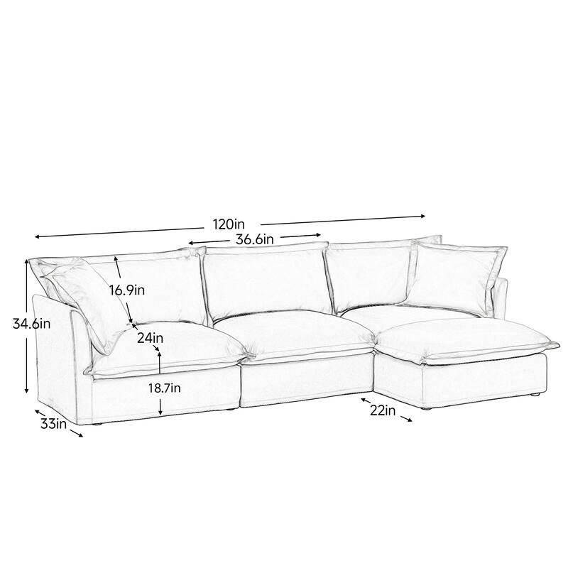 Modern 3 Seater Upholstered Sofa with 1 Ottoman and 2 Pillows