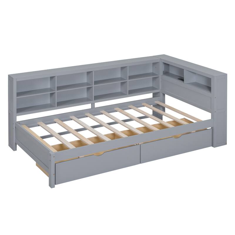 USB Ports on L-Shape Storage Headboard Bed Frame, Wooden DayBed Sofa Bed, Wooden Slat Platform Bed with 2 Drawers