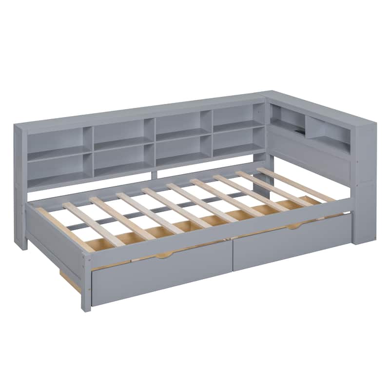Wooden DayBed with Storage Shelf and USB Charging Ports
