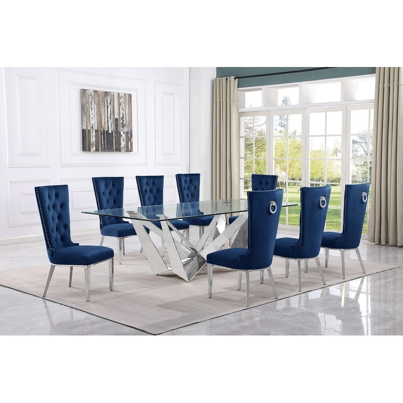 Best Quality Furniture D402/3-SC330-7 Dining Set with 94" 15mm Glass with Bevel - 9-Piece - Navy Blue / Silver