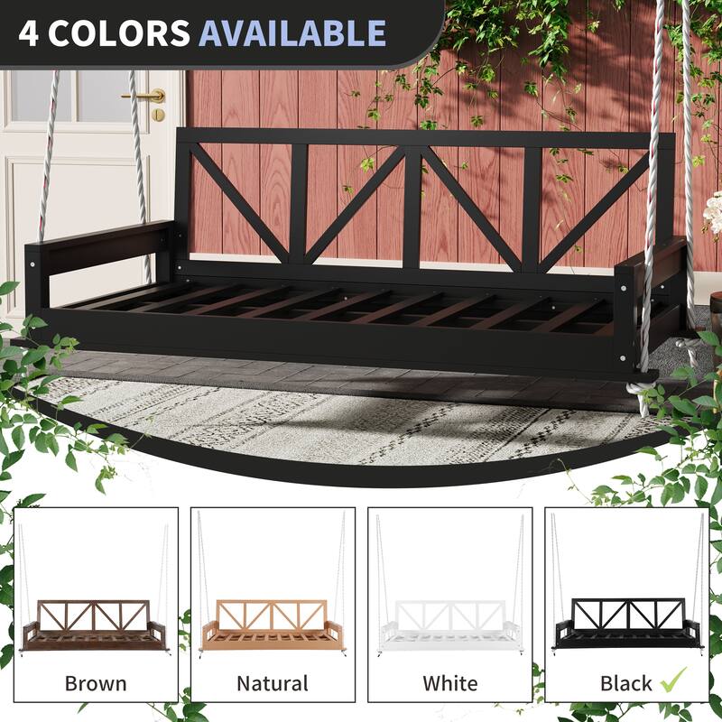 Acacia Wood Twin Size Outdoor Swing Bed with 16.4ft Hemp Ropes, Modern Hanging Porch Daybed Frame for Patio or Garden