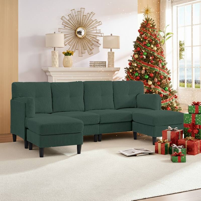 Mixoy Corduroy U-Shape Modular Convertible Sectional Sofa,Upholstered 4-Seater Sofa Couch with Movable Ottoman - U-Shape Sofa - Green