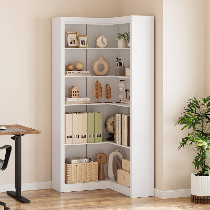 71.8" Tall Corner Bookshelf, 5-Tier L-Shaped Corner Bookcase, Modern Industrial Wood Display Storage Shelves for Living Room