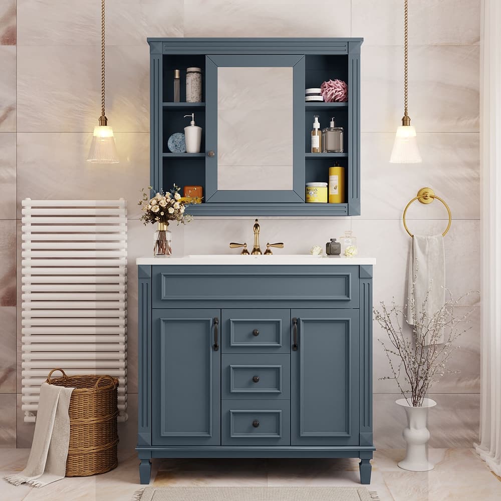 Bathroom Vanity Set with Medicine Cabinet and Floor Cabinet, Spacious Storage Cabinets with Mirror, Open Shelves and Drawers