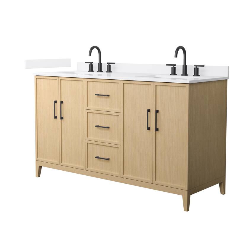 Elan 60-inch Double Vanity, 3 Hole Quartz Top - White Oak, Black Trim, White Quartz Top