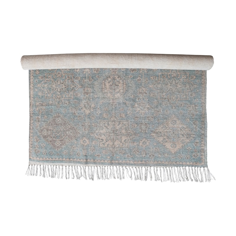 Cotton Chenille Distressed Print Rug with Fringe