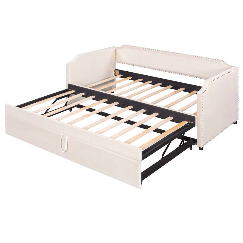 Roomfitters Twin Size Velvet Upholstered Daybed with Pop Up Trundle, Space Saving Sofa Bed Frame with Slats