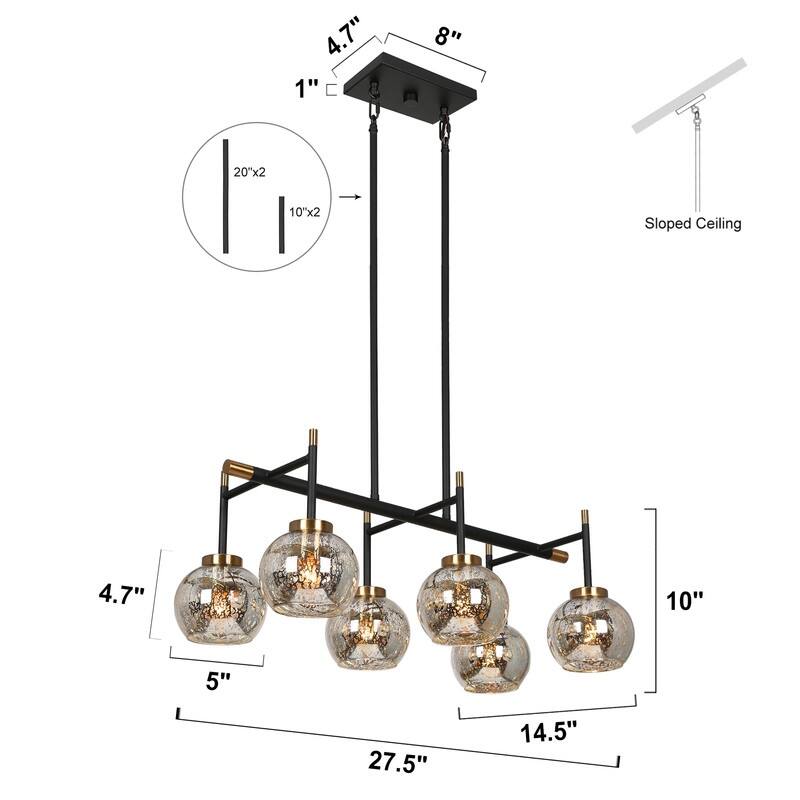 Modern Farmhouse 6-Light Black Gold Linear Chandelier Island Lights with Mercury Glass - 27.5" L x 14.5" W x 10" H