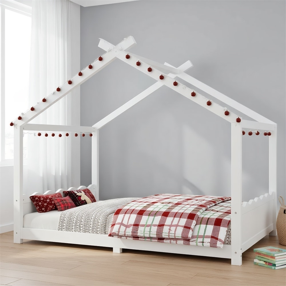 Full House Floor Bed with Support Slats,Solid Wood House Bed Frame