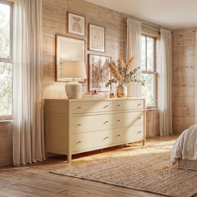 63” Solid Wood 6 Drawer Dresser – Semi-Assembled Modern Farmhouse Wide Chest with Soft-Close Undermount Slides