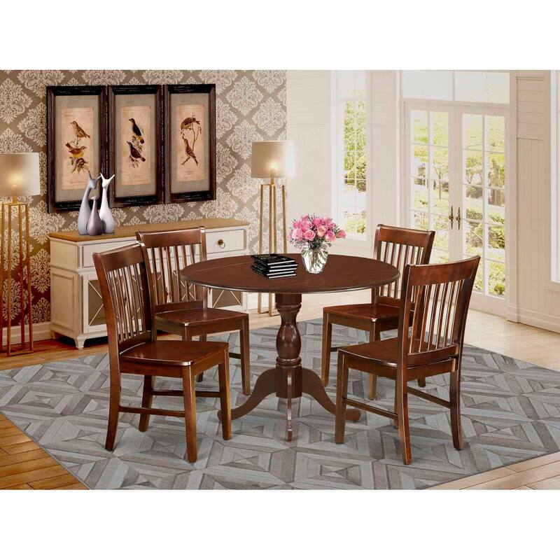 HomeStock 5-Piece Mahogany Finish Solid Wood Top Dining table with 4 Chairs with Drop Leaf Slat Back