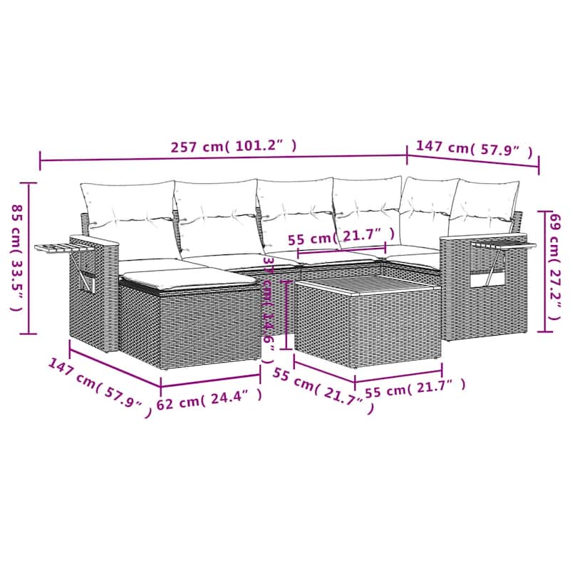 vidaXL 6 Piece Patio Sofa Set with Cushions Black Poly Rattan