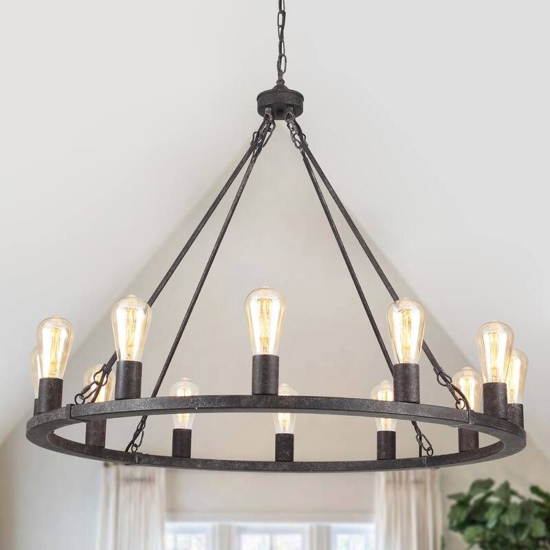 12-Light Circel Candlestick Wagon Wheel Chandelier Hanging Linear Chandelier Lighting for Kitchen Island - Black