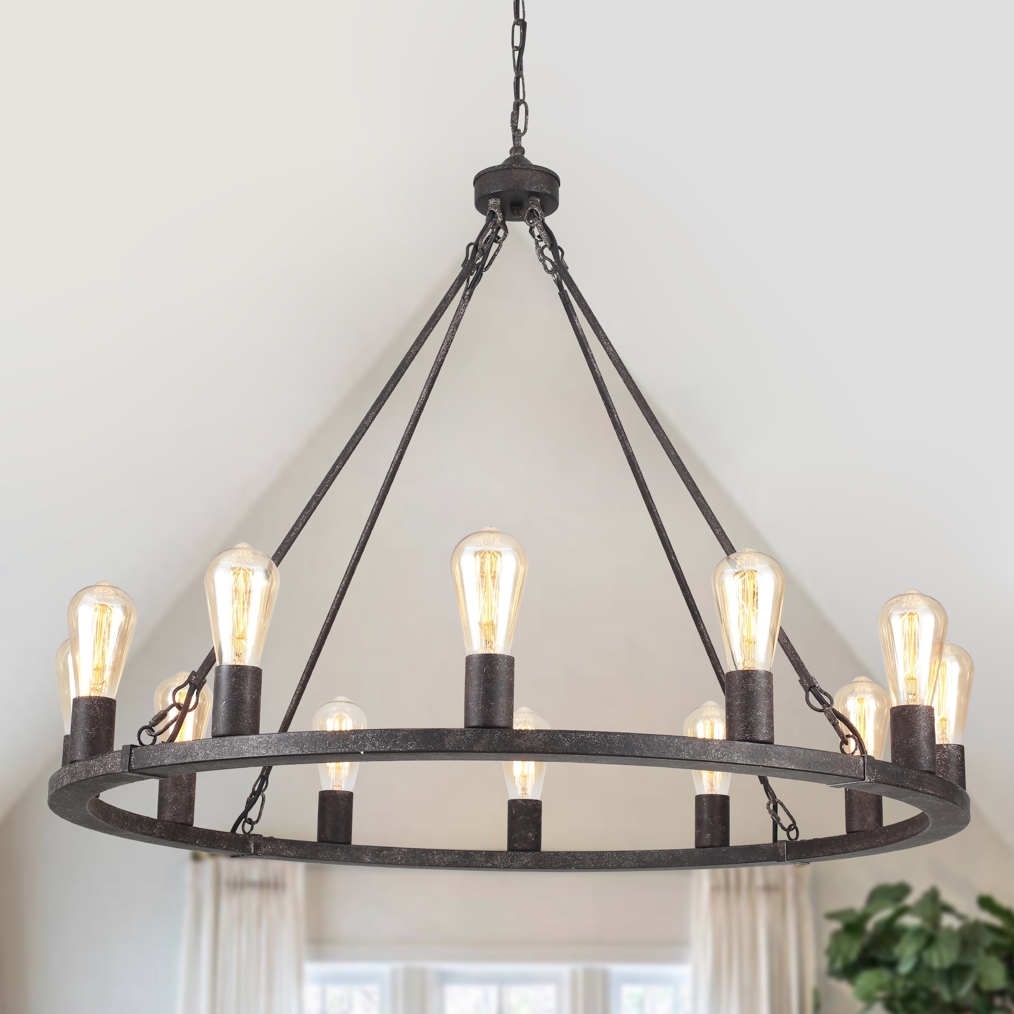 12-Light Farmhouse Round Candlestick Wagon Wheel Chandelier Hanging Linear Chandelier Lighting for Kitchen Island