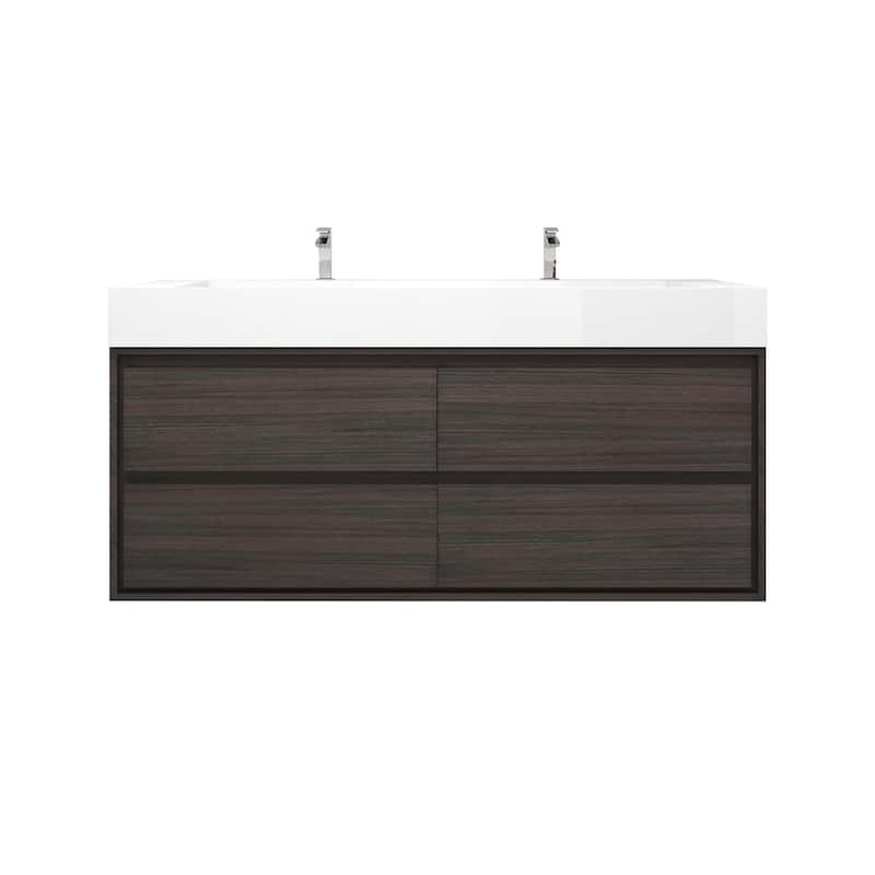 Victoria 60" Wall Mounted Modern Vanity with Double Acrylic Sink - 59.5'' - Grey Oak