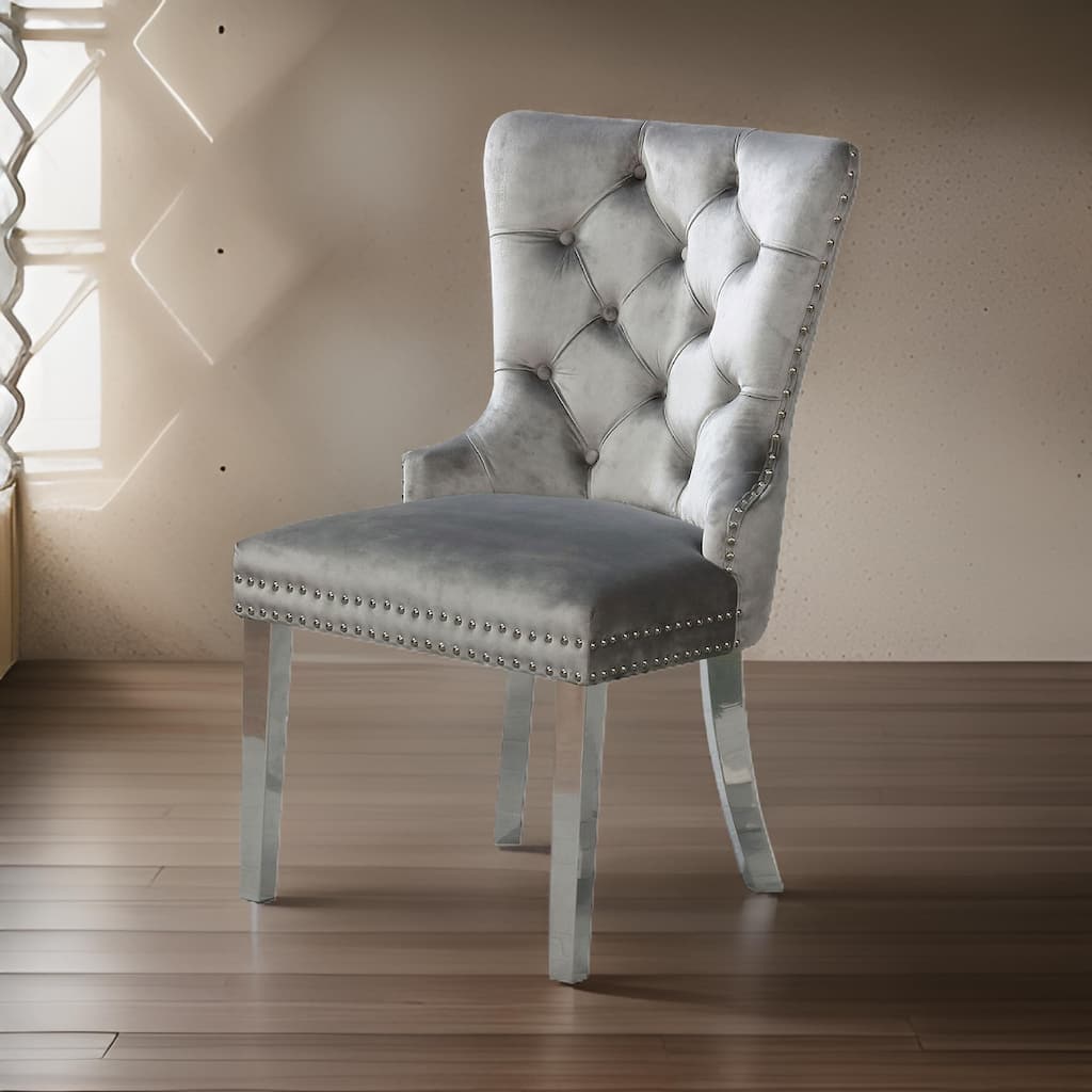 24 Inch Dining Side Chair Set of 2, Tufted Silver Gray Fabric, Chrome legs