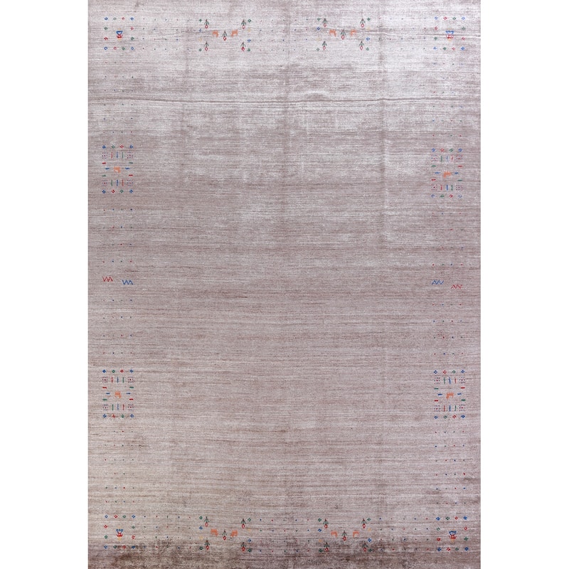 Hand Knotted Oriental Viscose Silk Carpet Tribal Stripe Brown Gabbeh Area Rug - 11' 8'' X 8' 11''