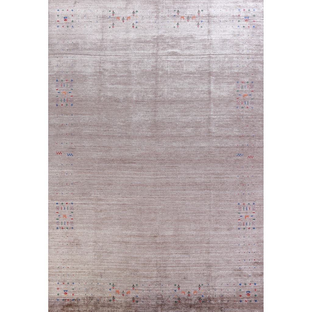 Hand Knotted Oriental Viscose Silk Carpet Tribal Stripe Brown Gabbeh Area Rug - 11' 8'' X 8' 11''