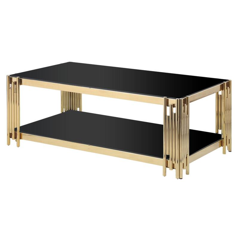 48" Wide Rectangular Coffee Table with Tempered Glass Top, Golden Stainless Steel Double-Layer Coffee Table