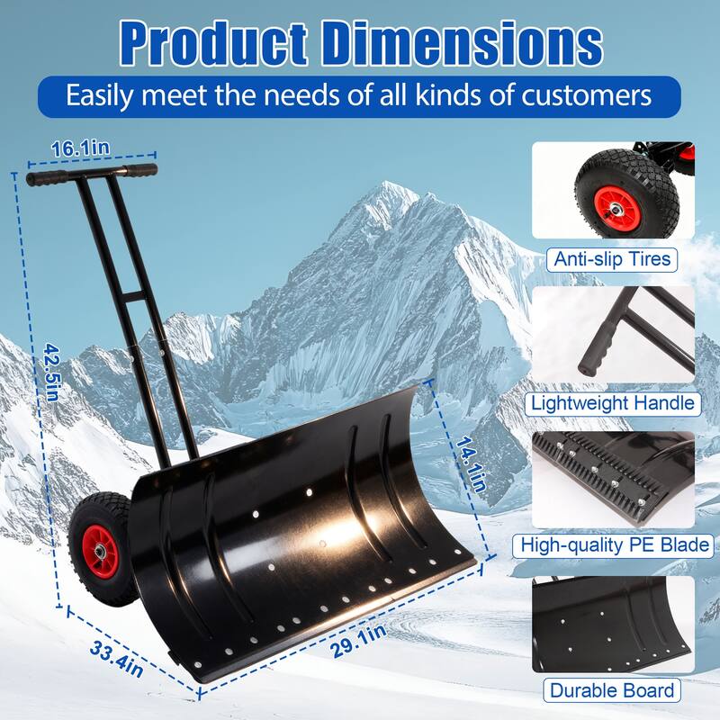 Anmytek Heavy Duty Snow Shovel Wheeled Driveway Sidewalk Pusher Winter Removal Tool - 29 in. W X 47 in. D X 16.5 in. H