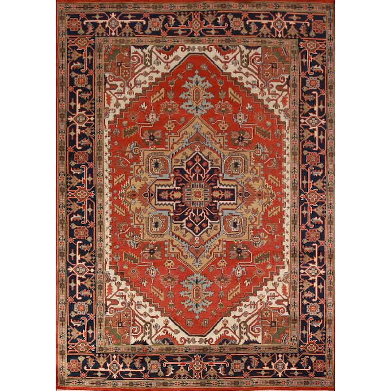Geometric Heriz Serapi Indian Rug Hand-Knotted Oriental Wool Carpet - 8'11" x 11'11"