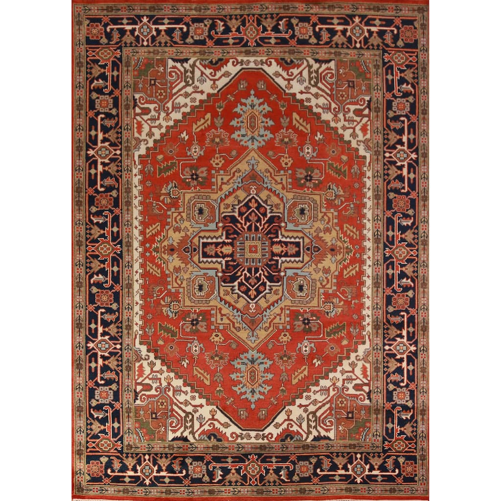 Geometric Heriz Serapi Indian Rug Hand-Knotted Oriental Wool Carpet - 8'11" x 11'11"