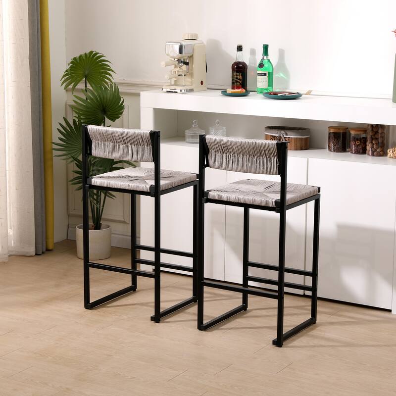 Bar Stools Set of 2 Paper Rope Weave Dining Chairs with Back Hand Weave Stools for Kichen Island, Bar & Counter
