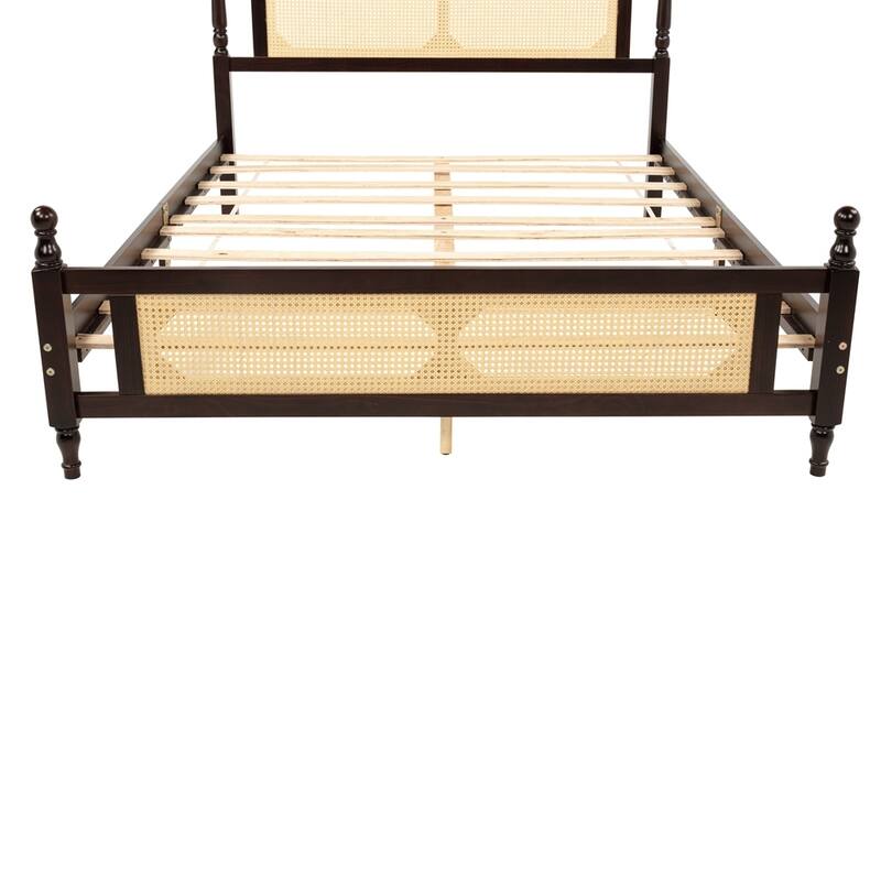 Queen Pine wooden Bed with Rattan Headboard and Footboard