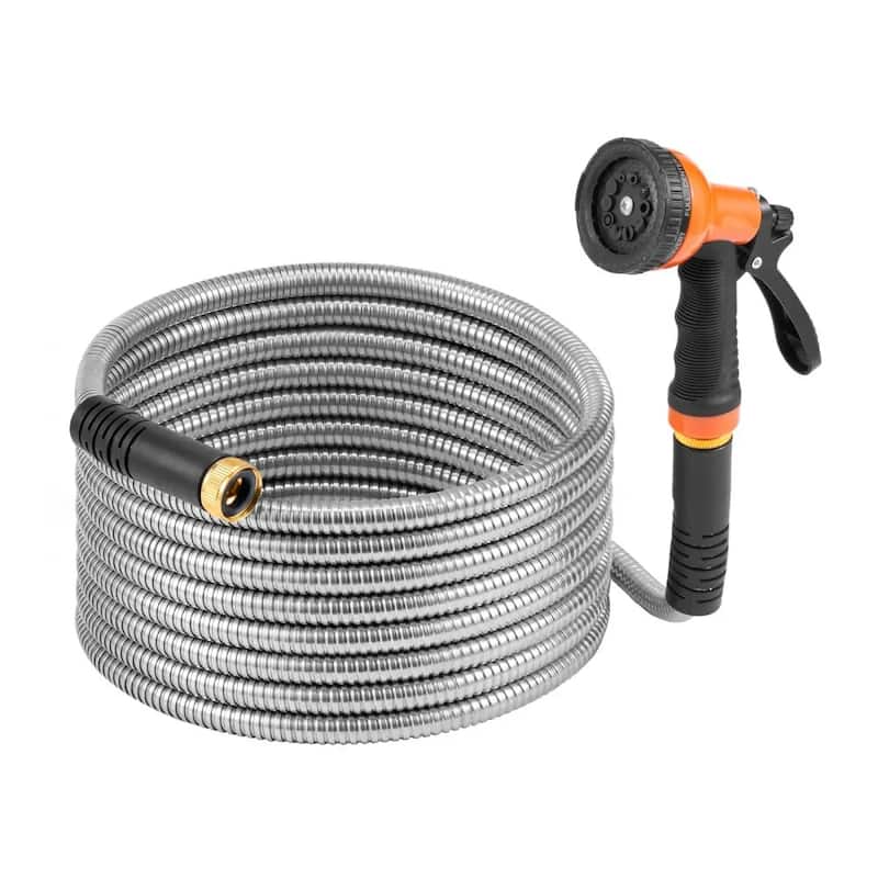 25ft Stainless Steel Hose for Garden and Car Wash Heavy-Duty Metal Hose with Adjustable Nozzle