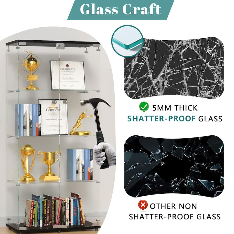 Glass Display Cabinet with Doors & Locks, Acrylic Shelves, Floor Standing Storage Showcase for Home or Office
