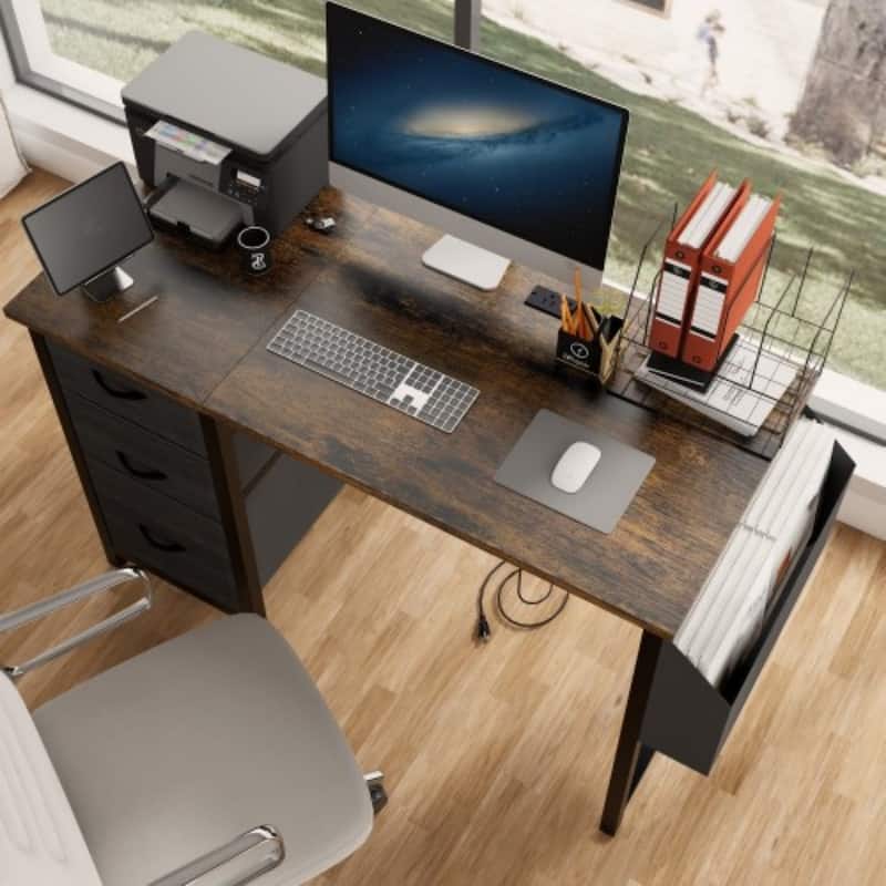 47'' Office Desk, Modern Reversible Study Writing Desk Workstation With Hutch, 3 Drawers, Power Outlets And Side Pockets