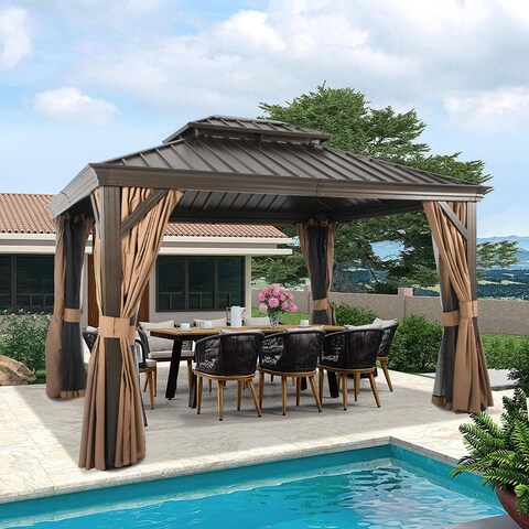 Outdoor 10' x 12' Hardtop Aluminum Gazebo with Net and Curtains