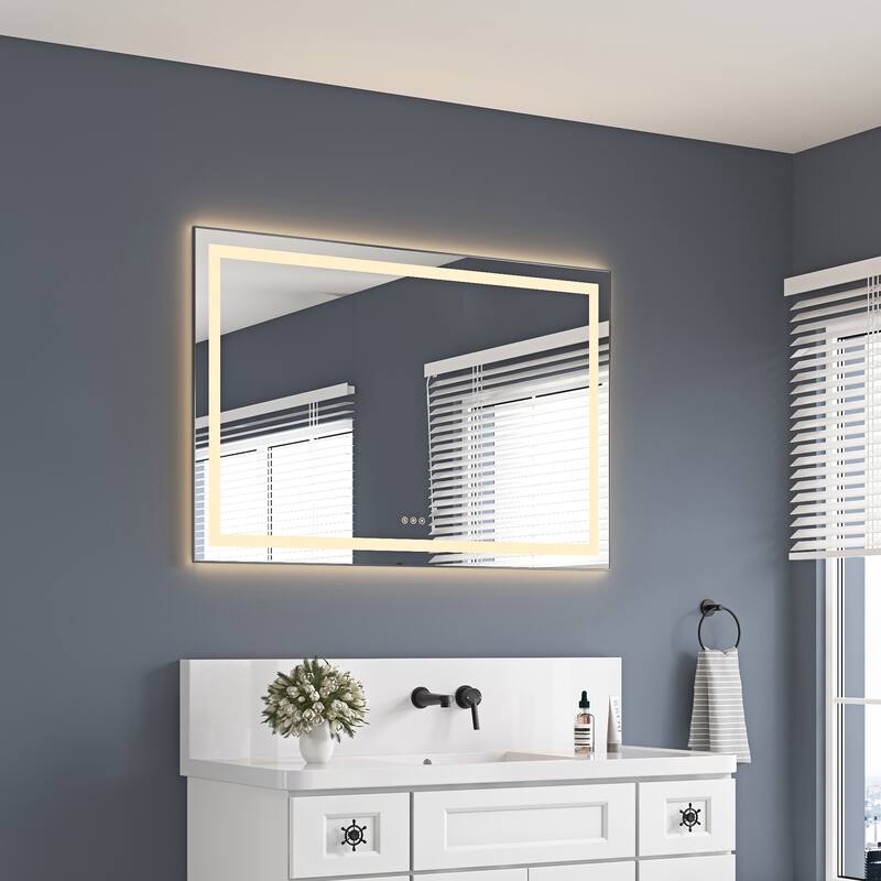 48" x 32" LED Bathroom Mirror with Front and Backlight, Wall Mounted Vanity Mirror with Aluminum Frame, Anti-Fog