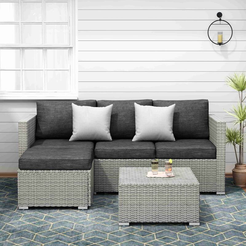 3-piece Patio Furniture Sets Resin Wicker Outdoor Sectional Sofa Chat Set - Black
