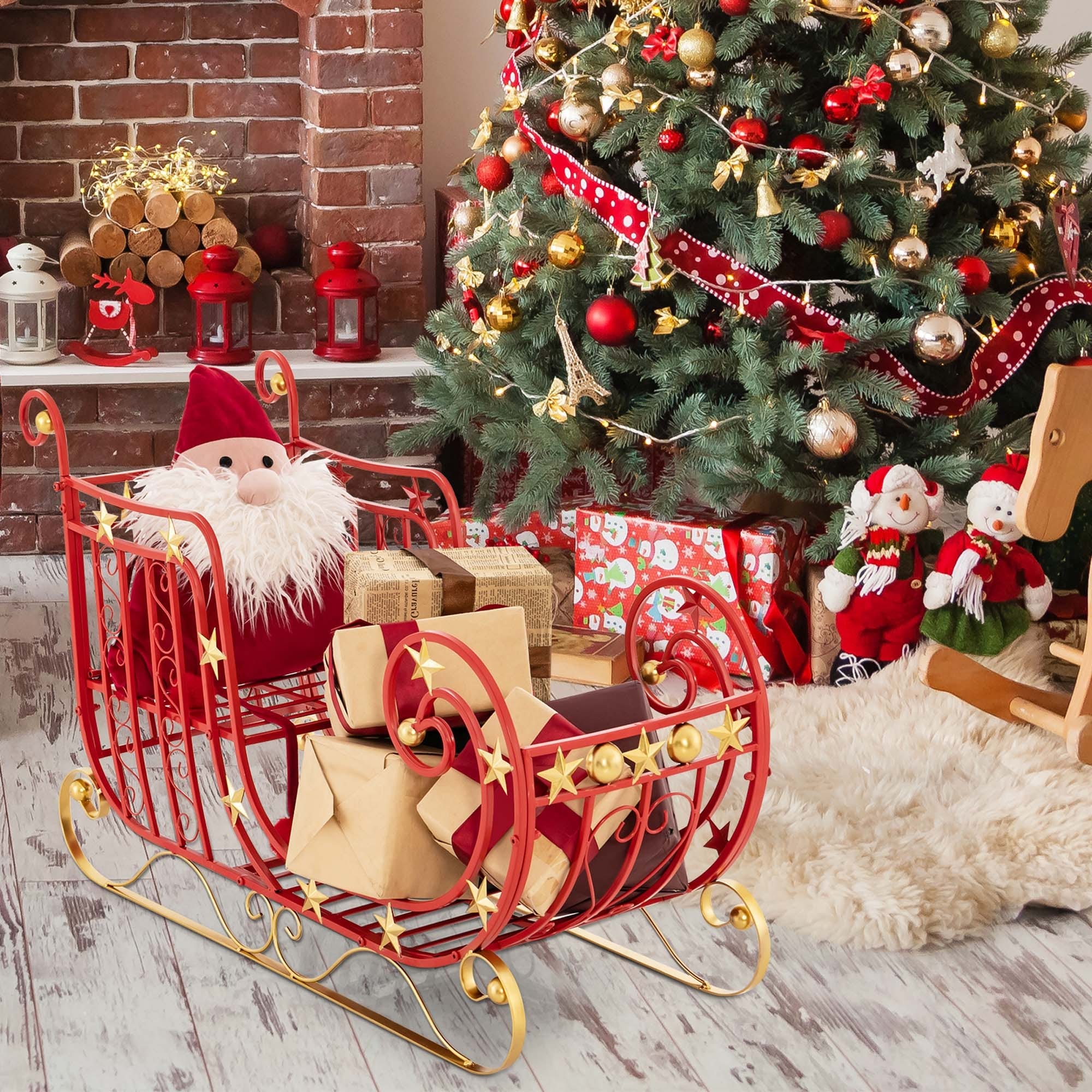 Red Santa Sleigh with Large Cargo Area for Gifts Metal Christmas