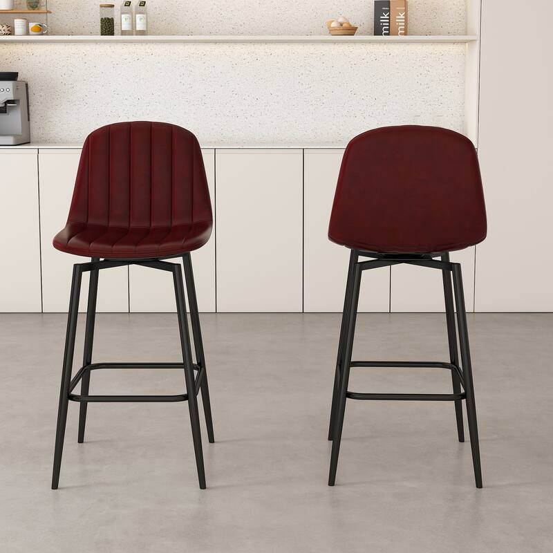 Modern Bar Stools with Swivel Mechanism, PU Padded Seats with Back Support & Metal Legs (Set of 2) - Brown