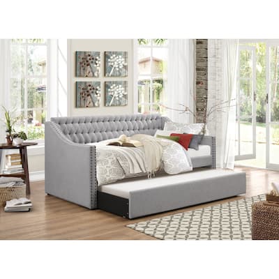Modern Design Gray Fabric Upholstered 1pc Sofa Bed w Trundle Button-Tufted Detail Nailhead Trim Daybed Wooden Furniture