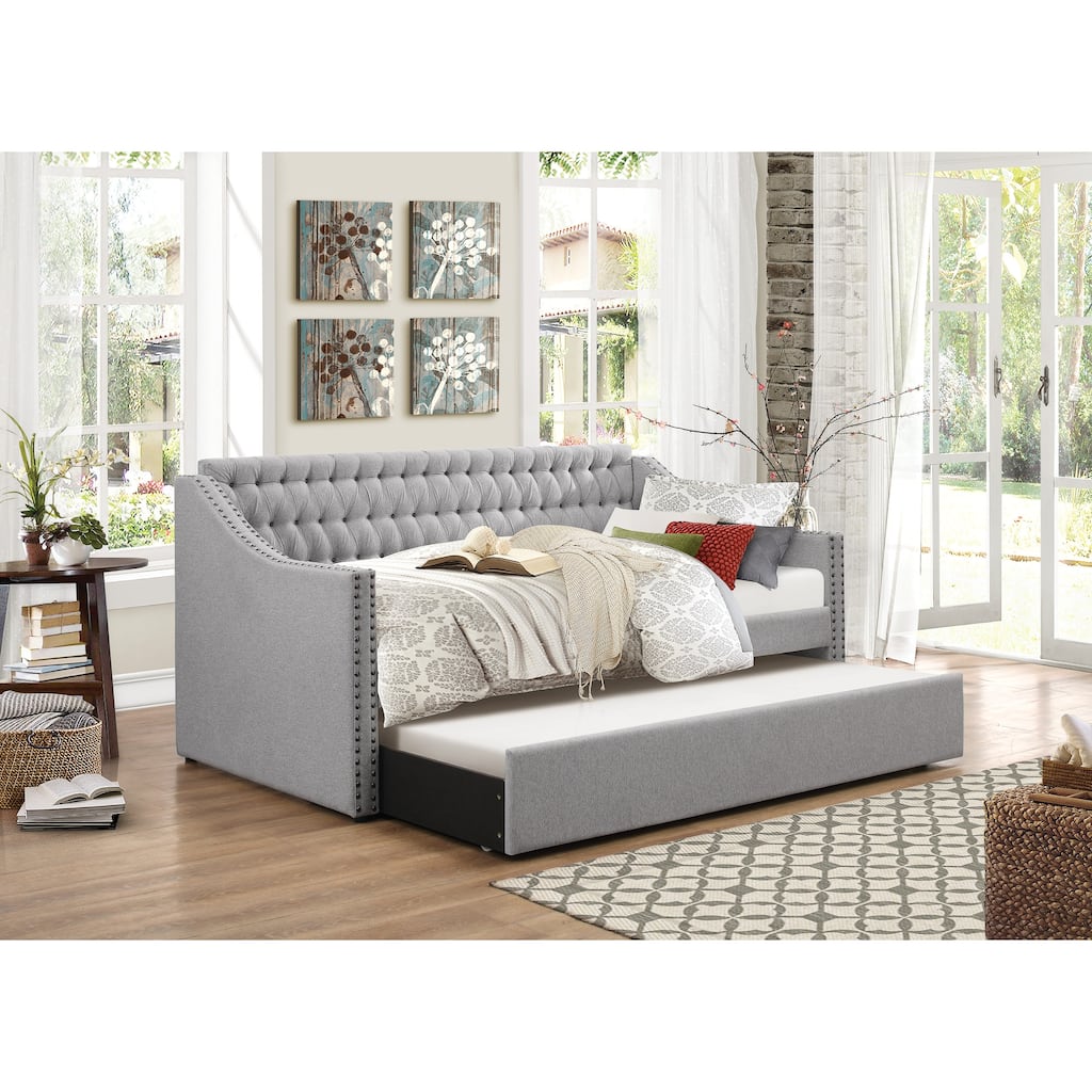 Modern Design Gray Fabric Upholstered 1pc Sofa Bed w Trundle Button-Tufted Detail Nailhead Trim Daybed Wooden Furniture